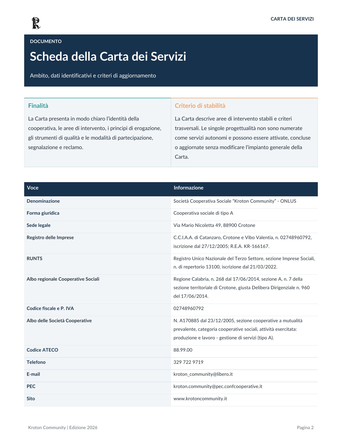 Carta dei servizi, pagina 2 di 18