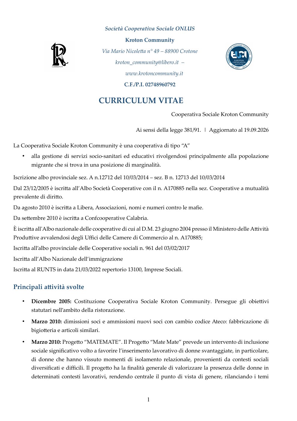 Curriculum della cooperativa, pagina 1 di 6