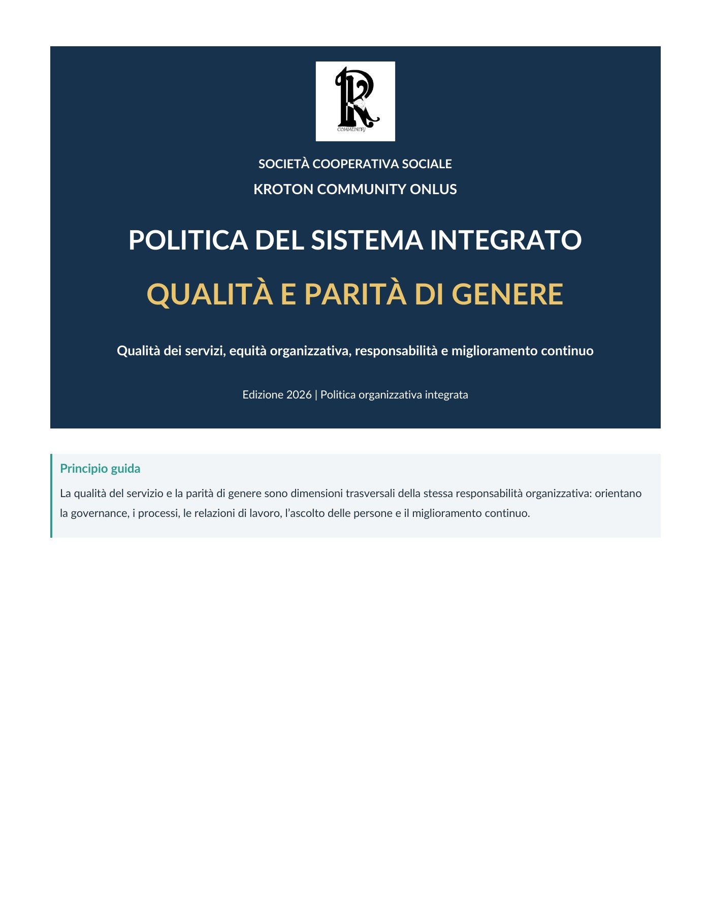 Politica del Sistema Integrato Qualità e Parità di Genere, pagina 1 di 12