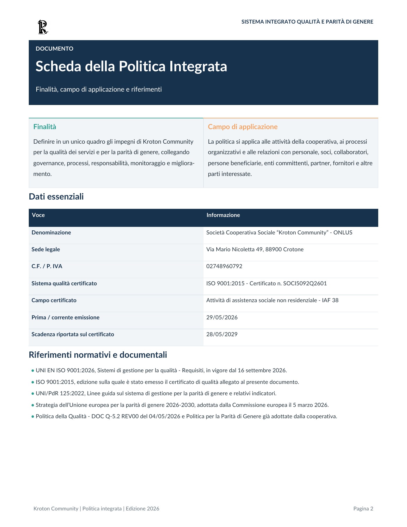 Politica del Sistema Integrato Qualità e Parità di Genere, pagina 2 di 12
