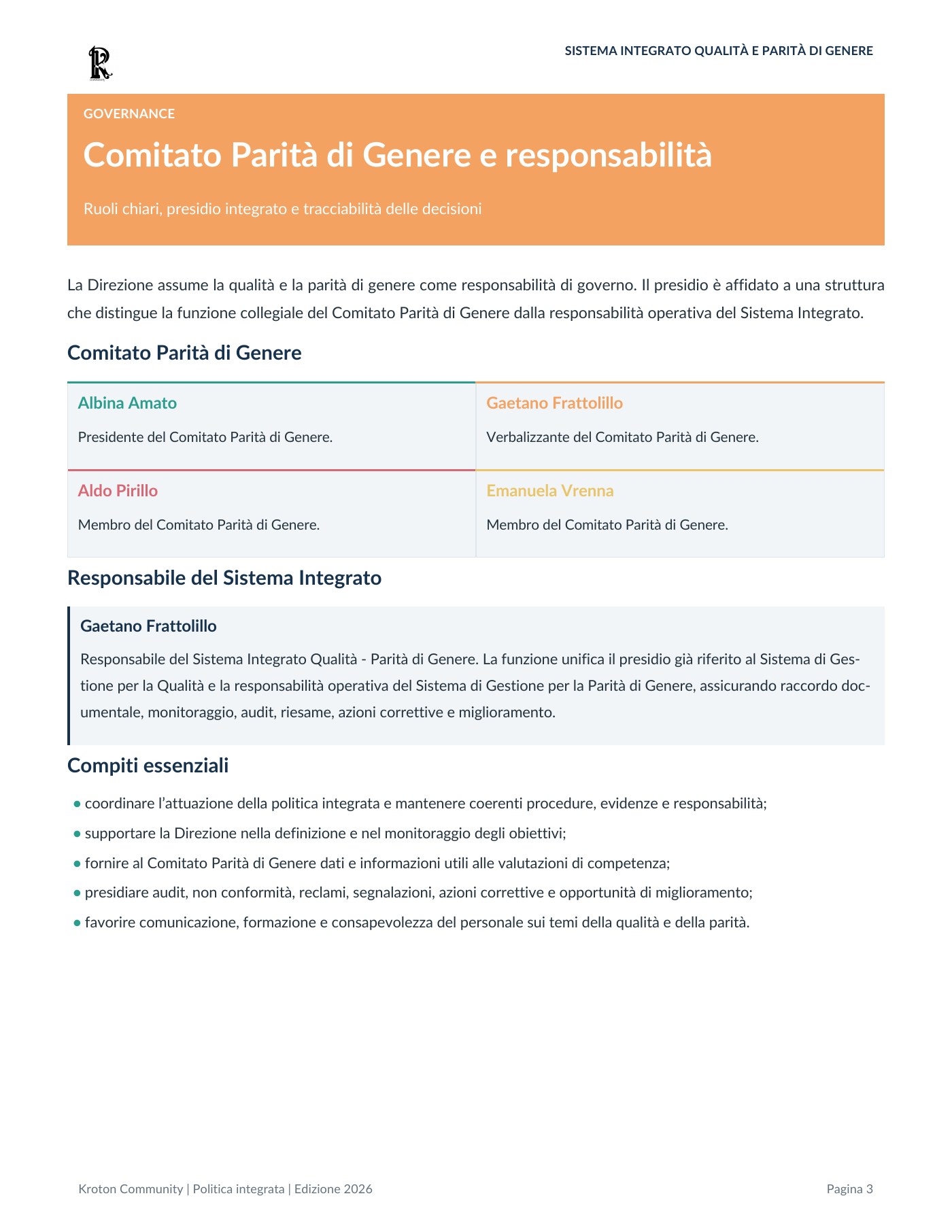 Politica del Sistema Integrato Qualità e Parità di Genere, pagina 3 di 12