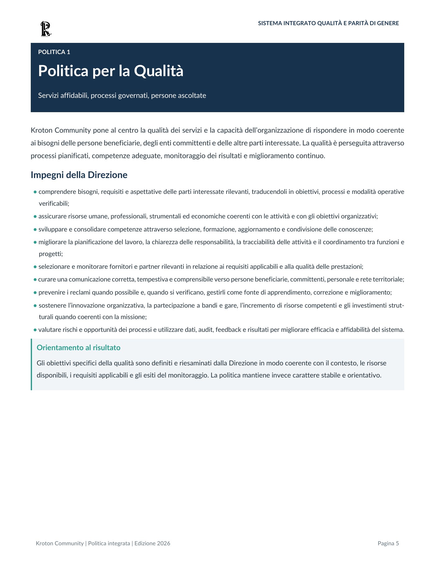 Politica del Sistema Integrato Qualità e Parità di Genere, pagina 5 di 12