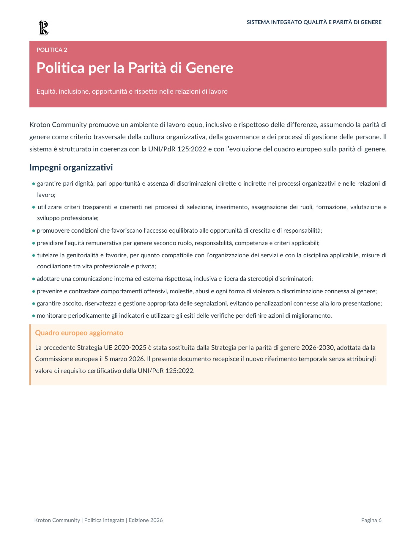 Politica del Sistema Integrato Qualità e Parità di Genere, pagina 6 di 12