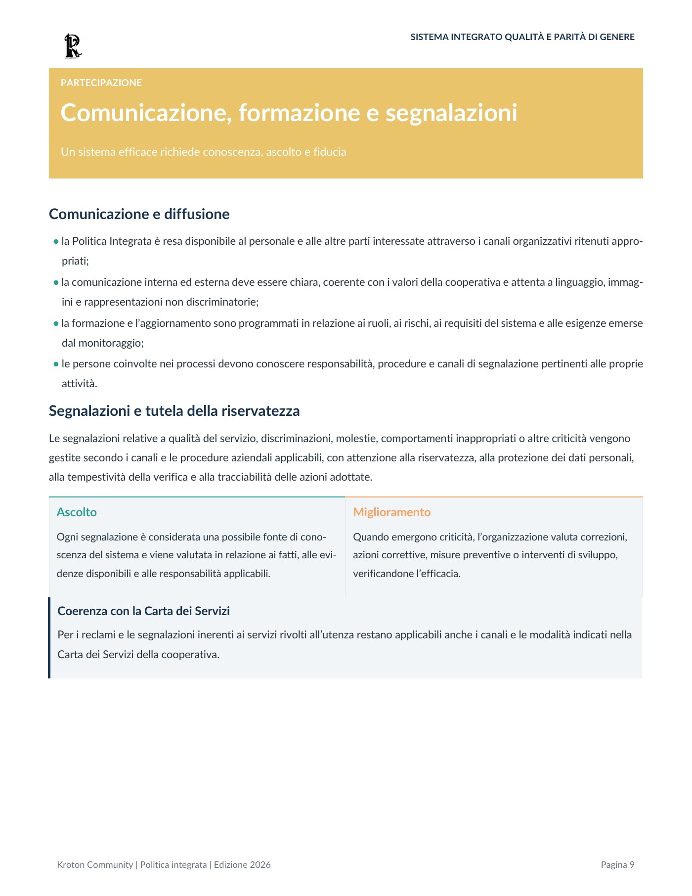 Politica del Sistema Integrato Qualità e Parità di Genere, pagina 9 di 12