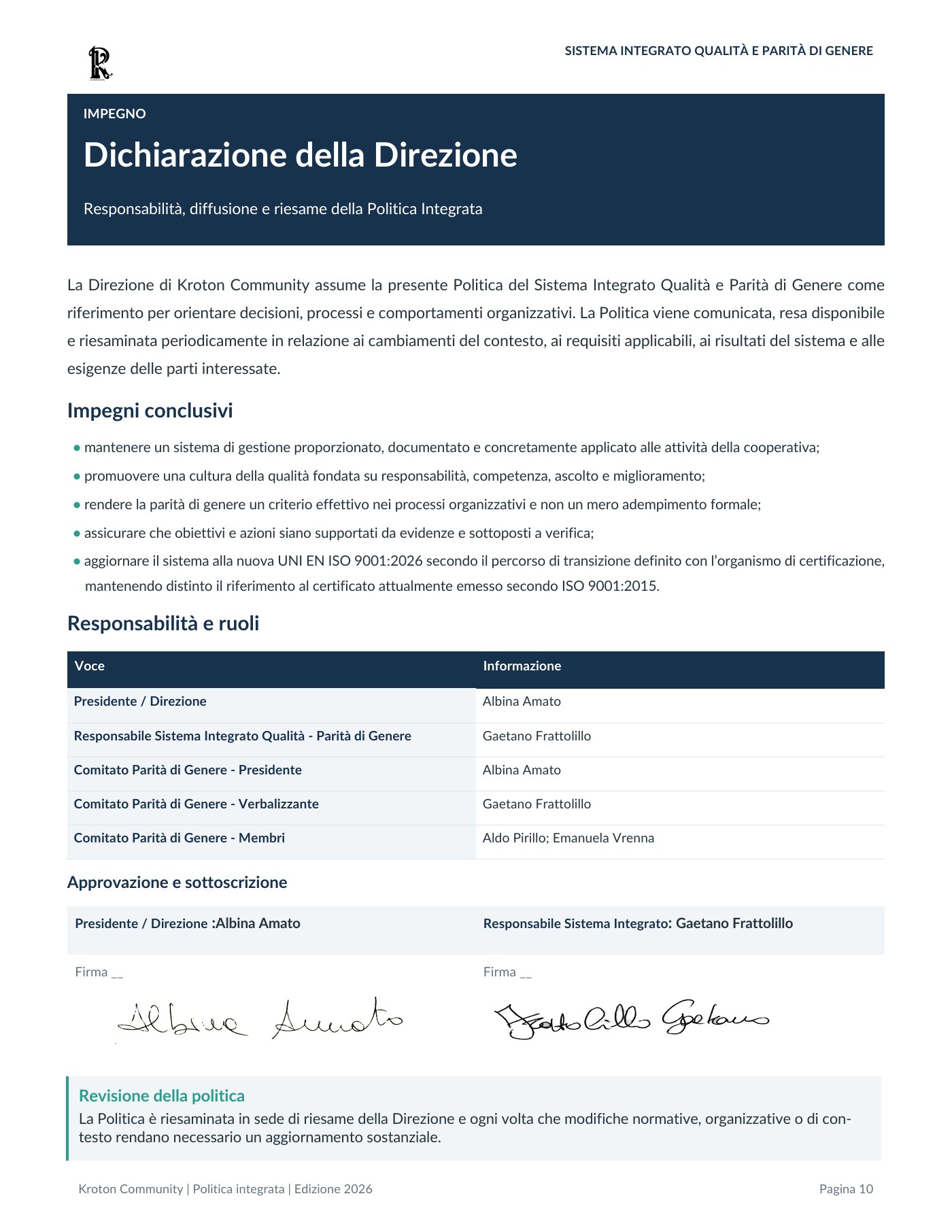 Politica del Sistema Integrato Qualità e Parità di Genere, pagina 10 di 12